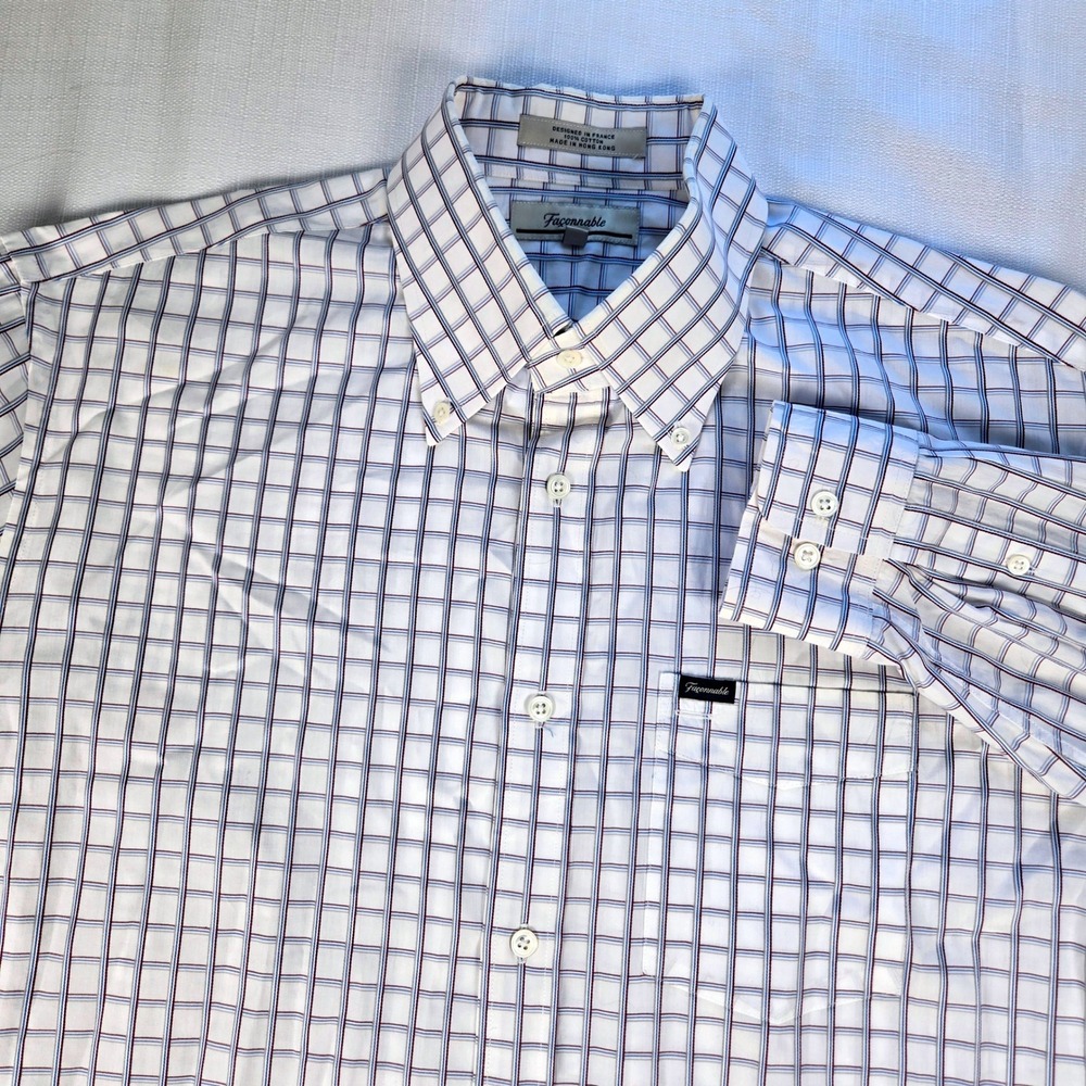 Faconnable Men L Button Down Shirt White Blue Burgundy Grid Cotton Long Sleeve
